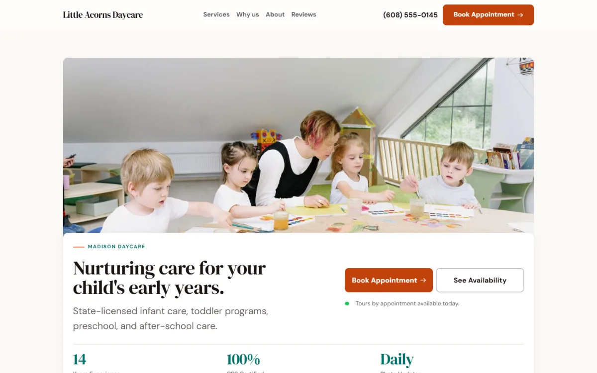 Warm daycare website template: soft cards and warm colours under a wide photo