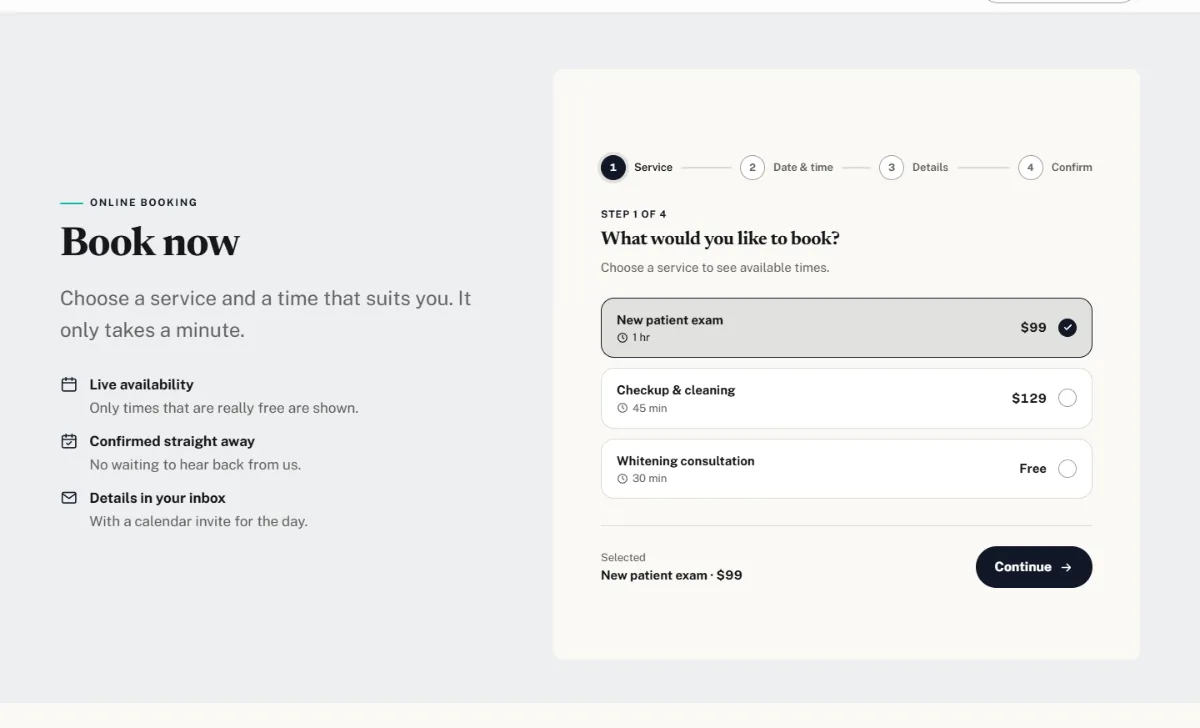Online booking form on the Bold dental website template: customers choose a service, then a free time
