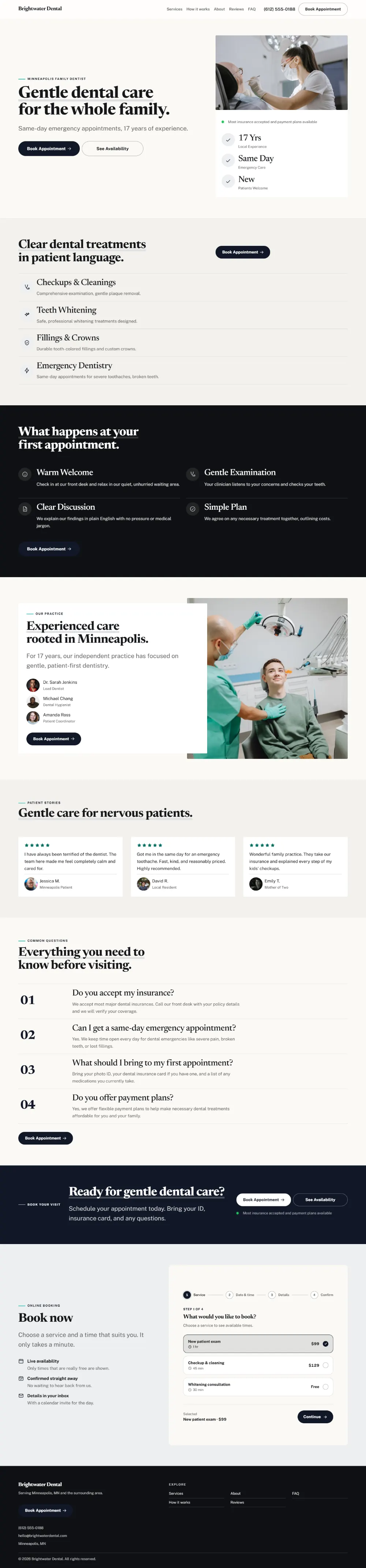 Bold dental website template, the whole home page: a dark first screen, big capital headlines and one loud accent colour