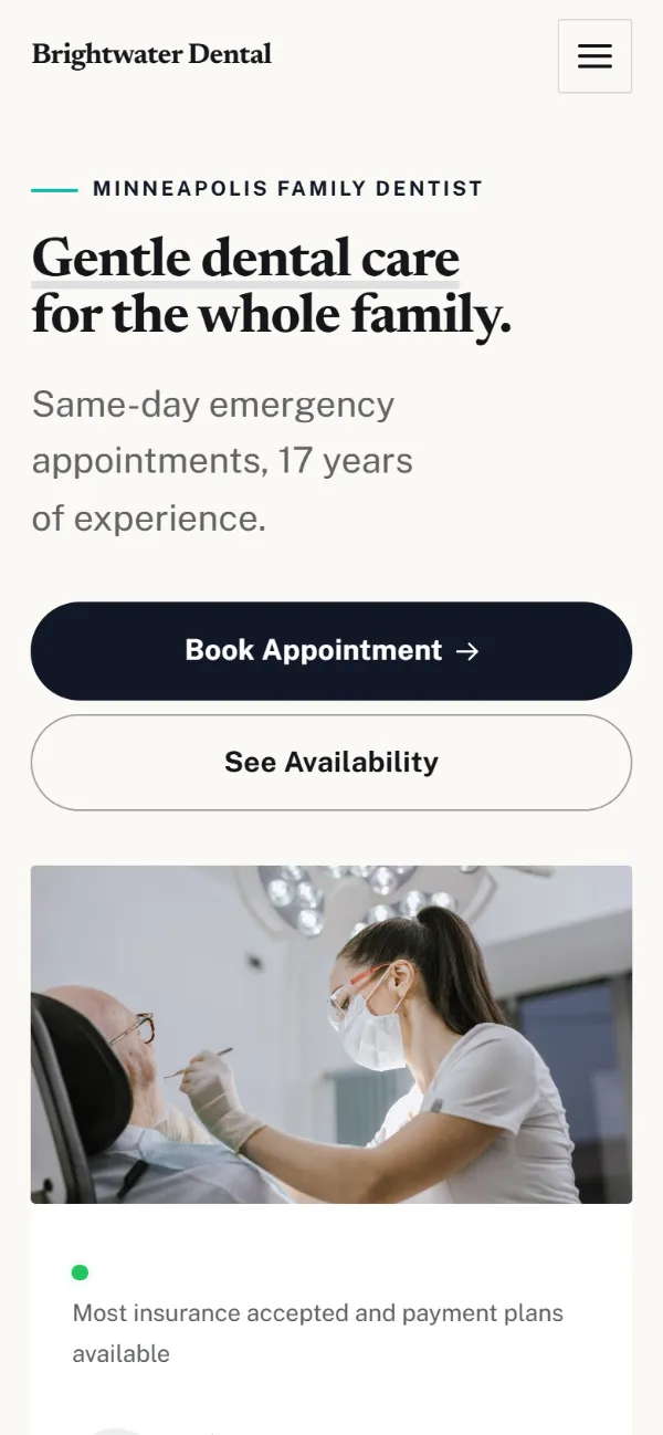 Bold dental website template on a phone: a dark first screen, big capital headlines and one loud accent colour