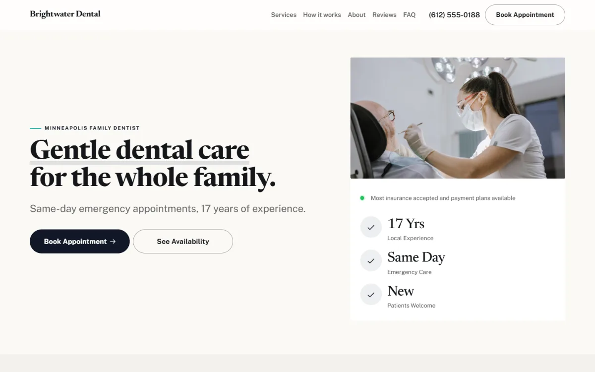 Bold dental website template: a dark first screen, big capital headlines and one loud accent colour