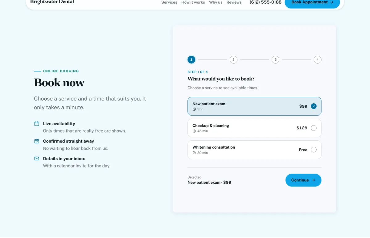 Online booking form on the Bright dental website template: customers choose a service, then a free time