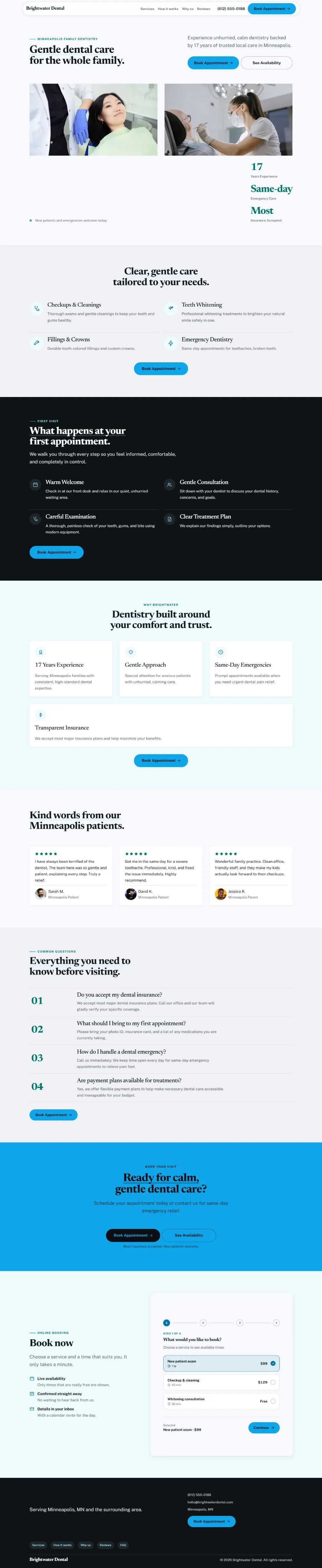 Bright dental website template, the whole home page: light and airy, with two photos under the headline