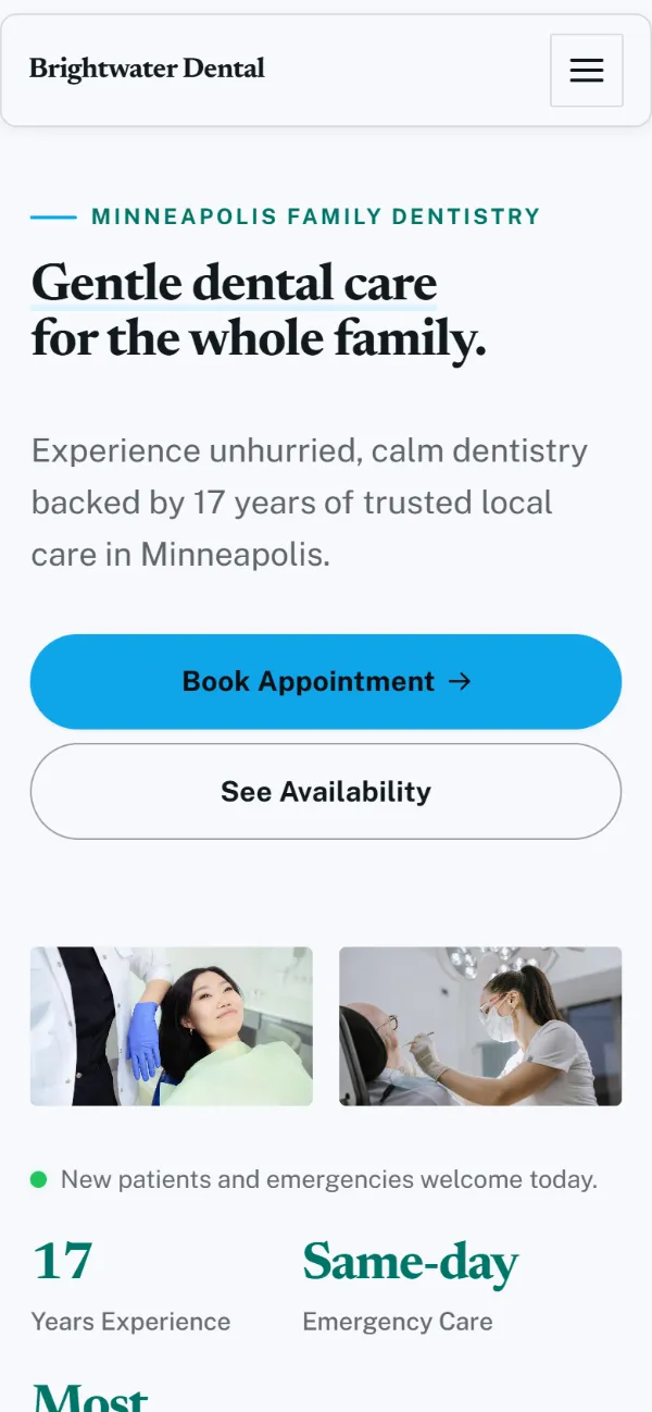 Bright dental website template on a phone: light and airy, with two photos under the headline