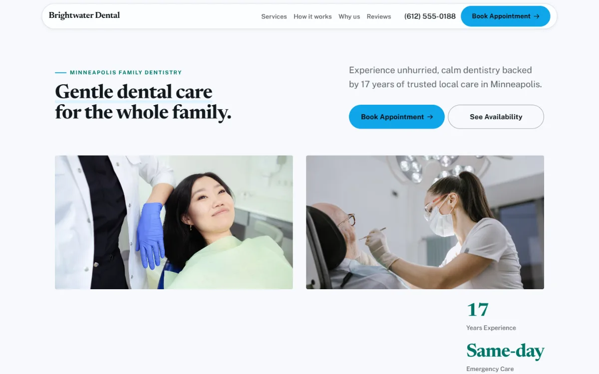 Bright dental website template: light and airy, with two photos under the headline