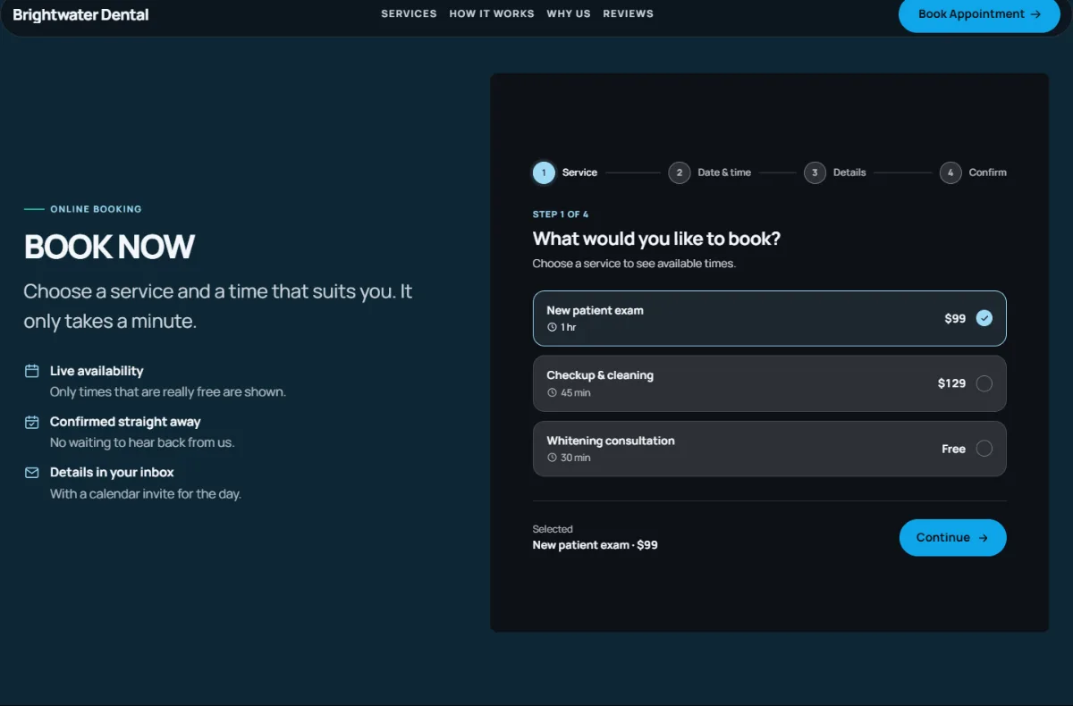 Online booking form on the Dark dental website template: customers choose a service, then a free time