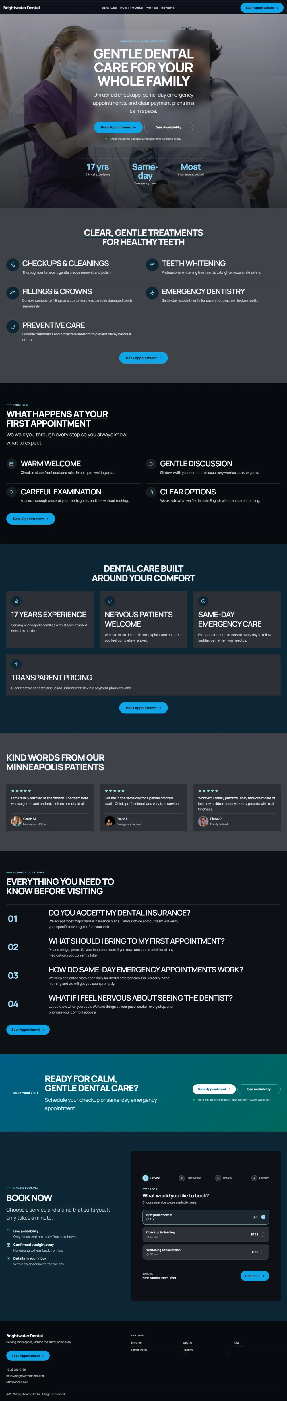 Dark dental website template, the whole home page: dark mode throughout, with a glass card over the photo