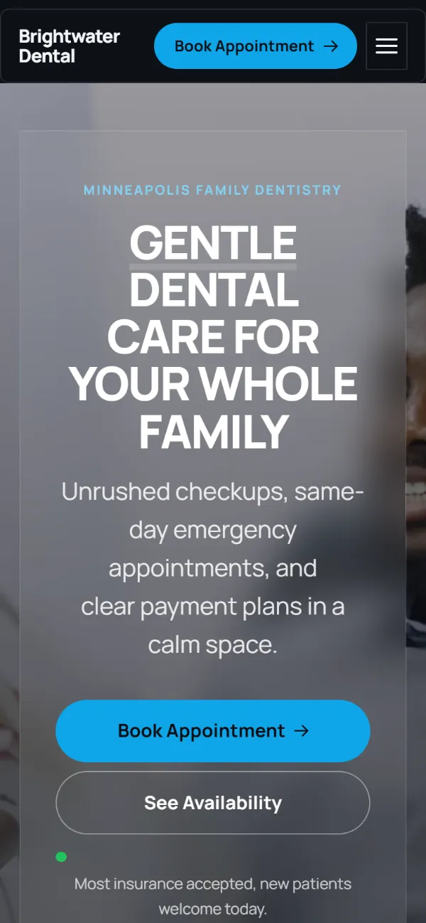 Dark dental website template on a phone: dark mode throughout, with a glass card over the photo