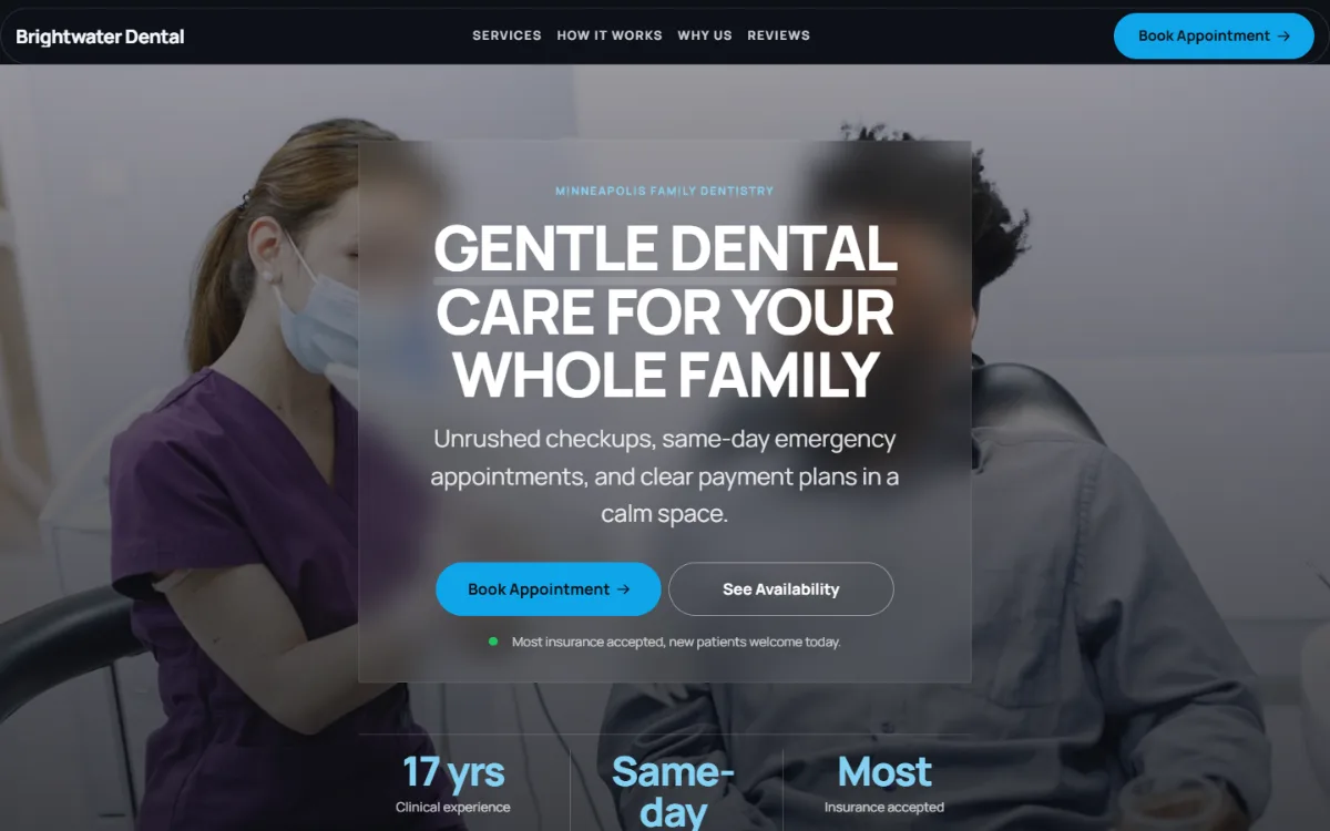 Dark dental website template: dark mode throughout, with a glass card over the photo