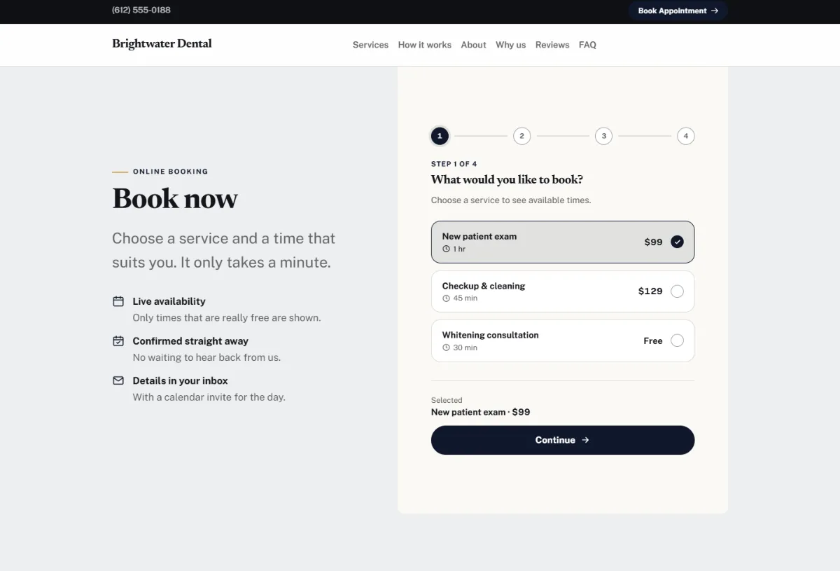 Online booking form on the Luxury dental website template: customers choose a service, then a free time