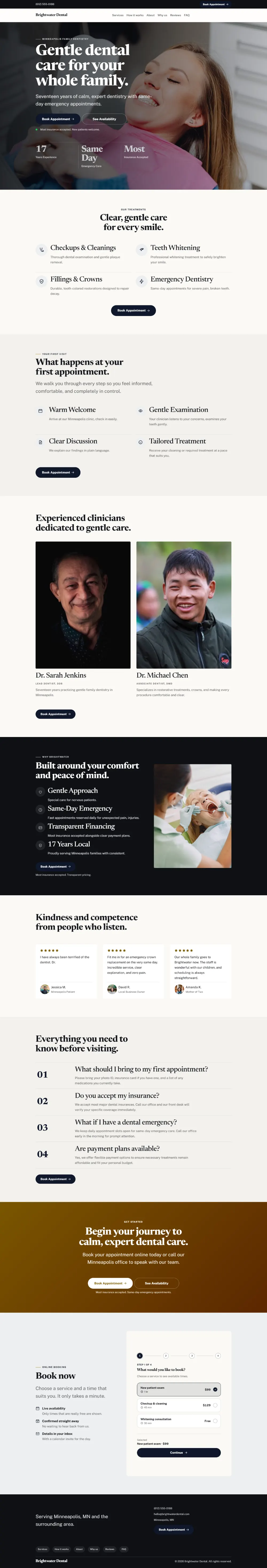 Luxury dental website template, the whole home page: dark and understated, with a serif headline over a full-width photo