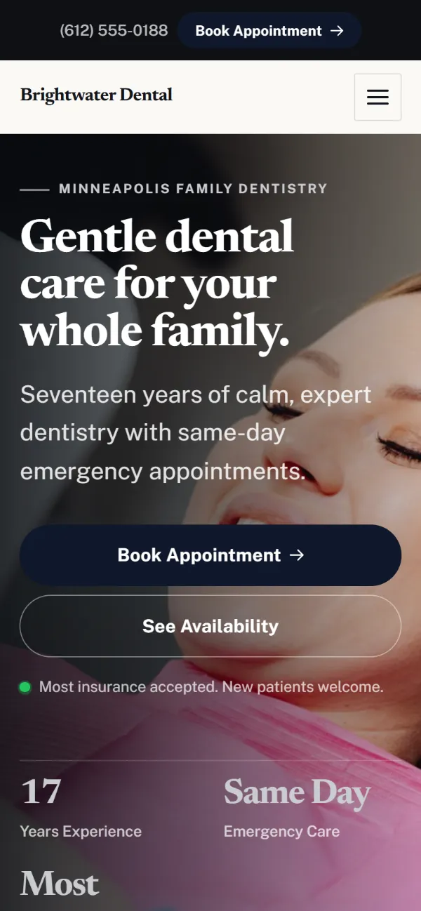 Luxury dental website template on a phone: dark and understated, with a serif headline over a full-width photo