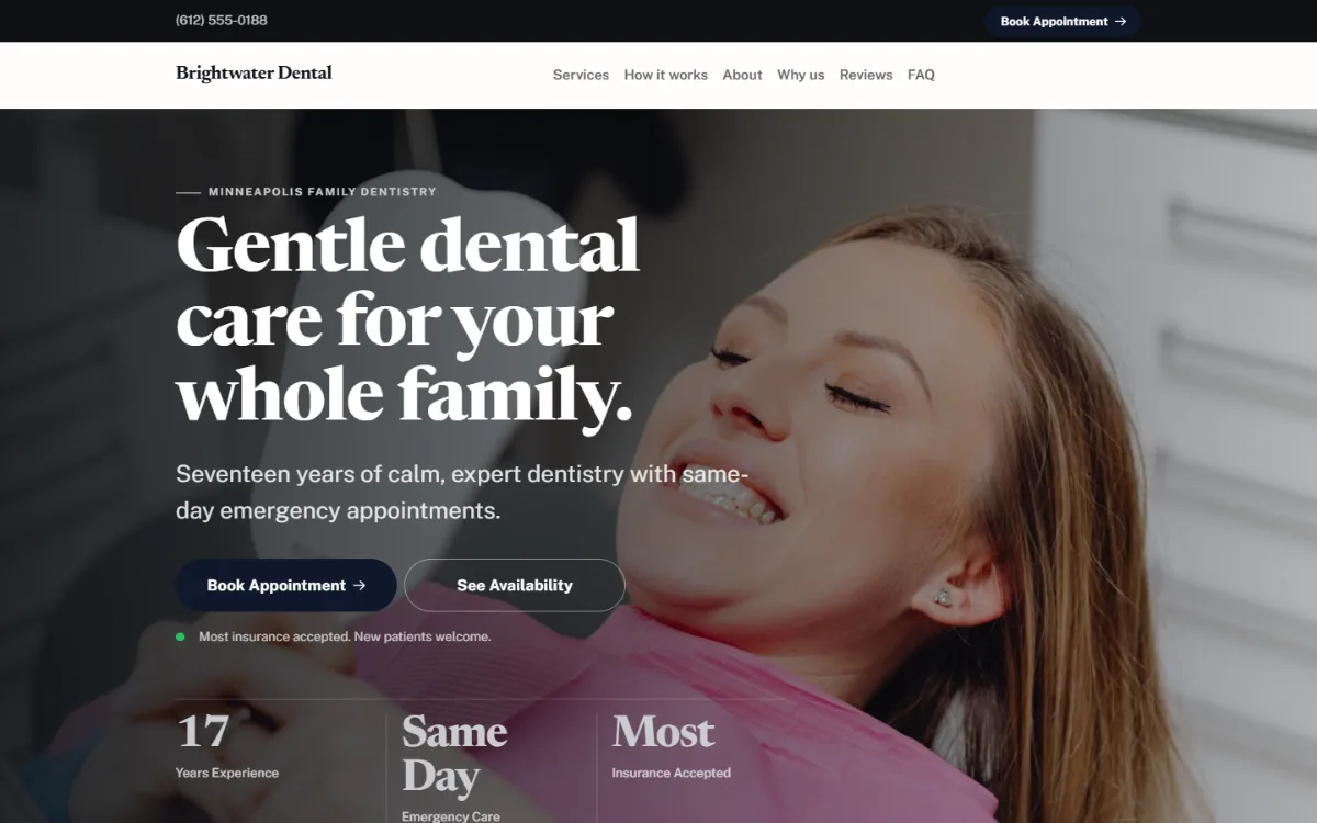 Luxury dental website template: dark and understated, with a serif headline over a full-width photo