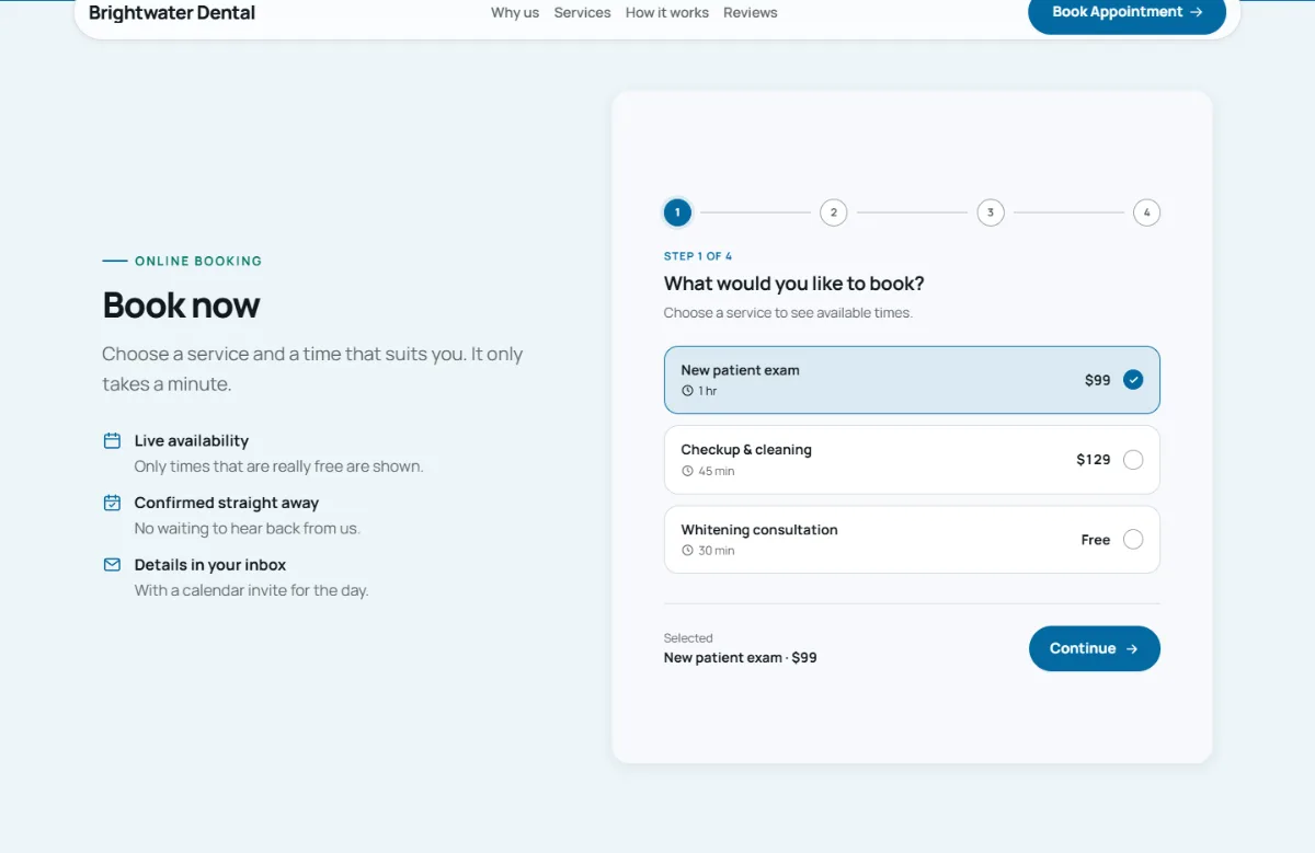 Online booking form on the Professional dental website template: customers choose a service, then a free time