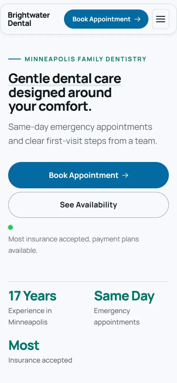 Professional dental website template on a phone: clean and structured, with a photo beside the headline