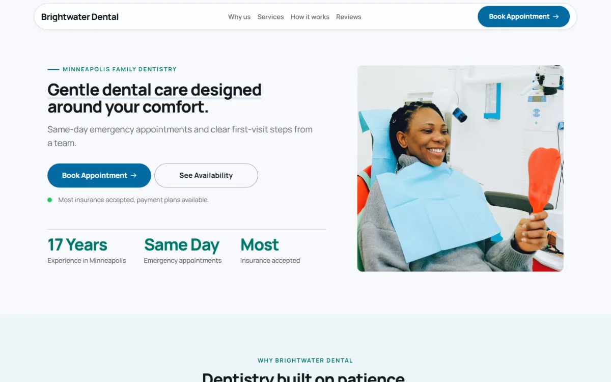 Professional dental website template: clean and structured, with a photo beside the headline
