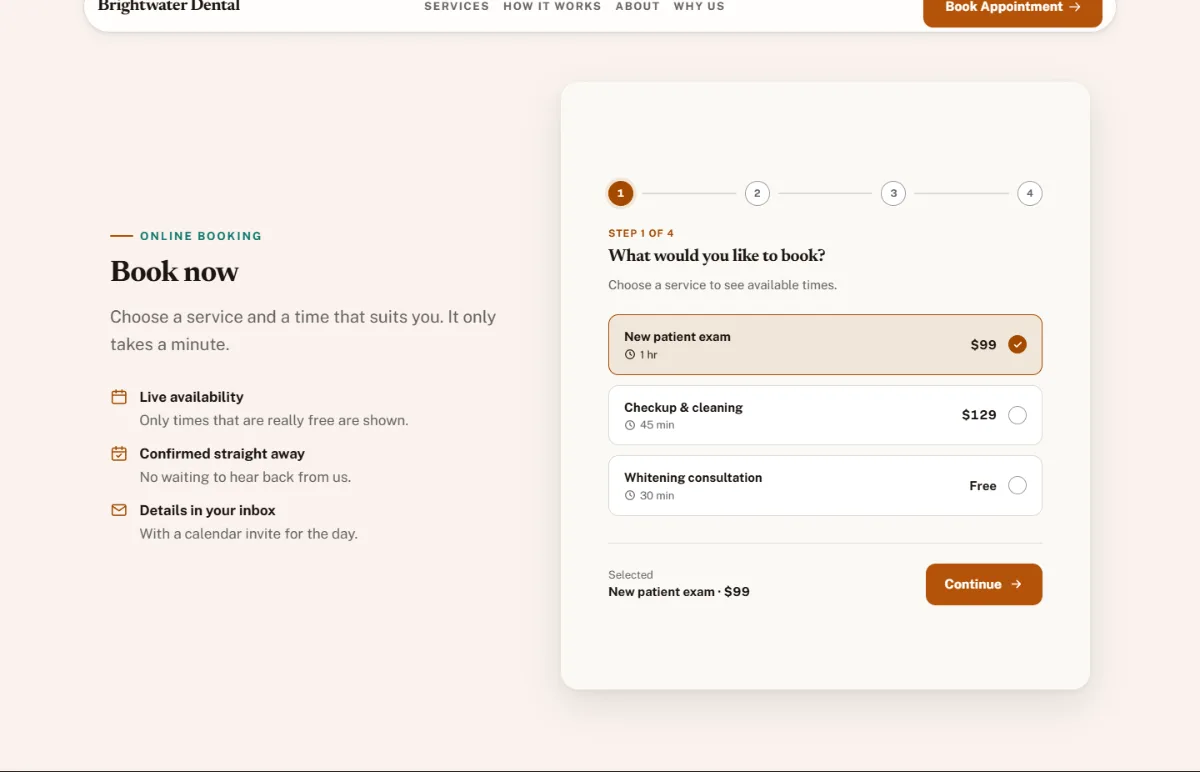 Online booking form on the Warm dental website template: customers choose a service, then a free time