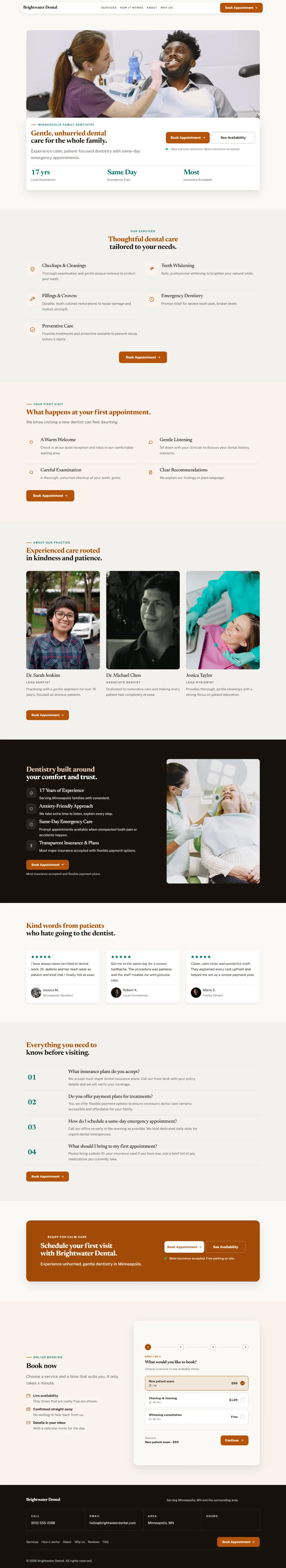 Warm dental website template, the whole home page: soft cards and warm colours under a wide photo