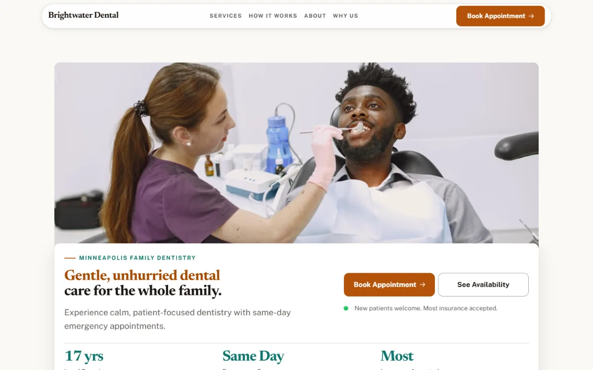 Warm dental website template: soft cards and warm colours under a wide photo