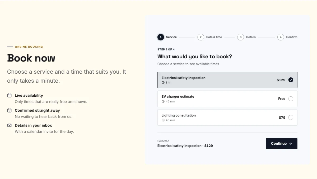 Online booking form on the Bold electrician website template: customers choose a service, then a free time
