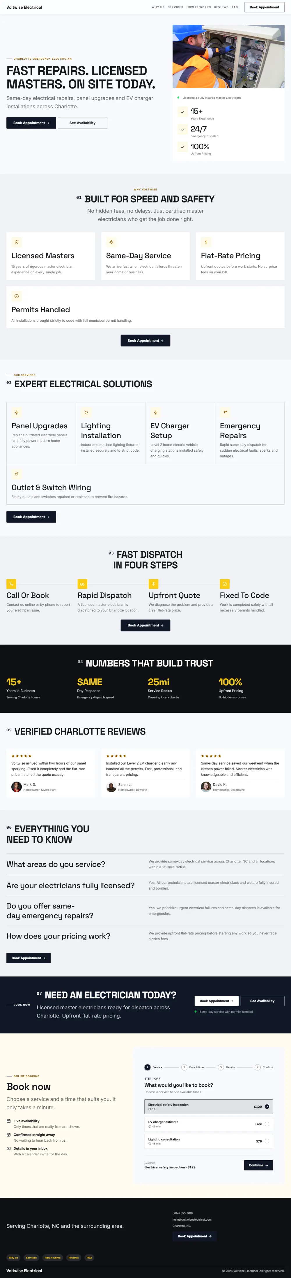 Bold electrician website template, the whole home page: a dark first screen, big capital headlines and one loud accent colour