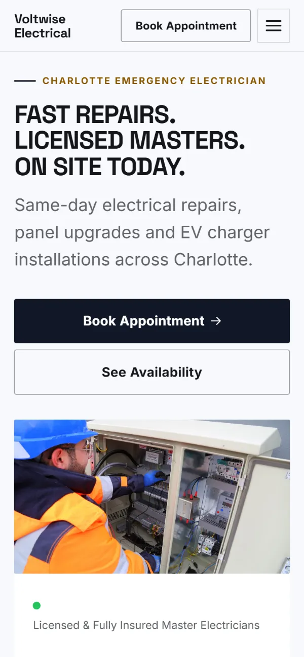 Bold electrician website template on a phone: a dark first screen, big capital headlines and one loud accent colour