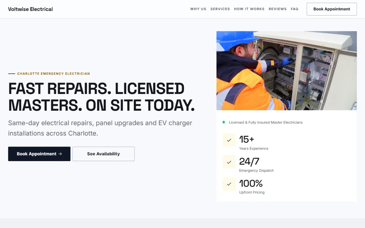 Bold electrician website template: a dark first screen, big capital headlines and one loud accent colour