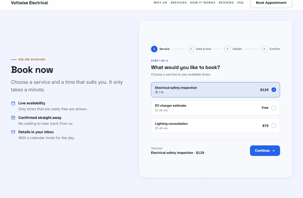 Online booking form on the Bright electrician website template: customers choose a service, then a free time