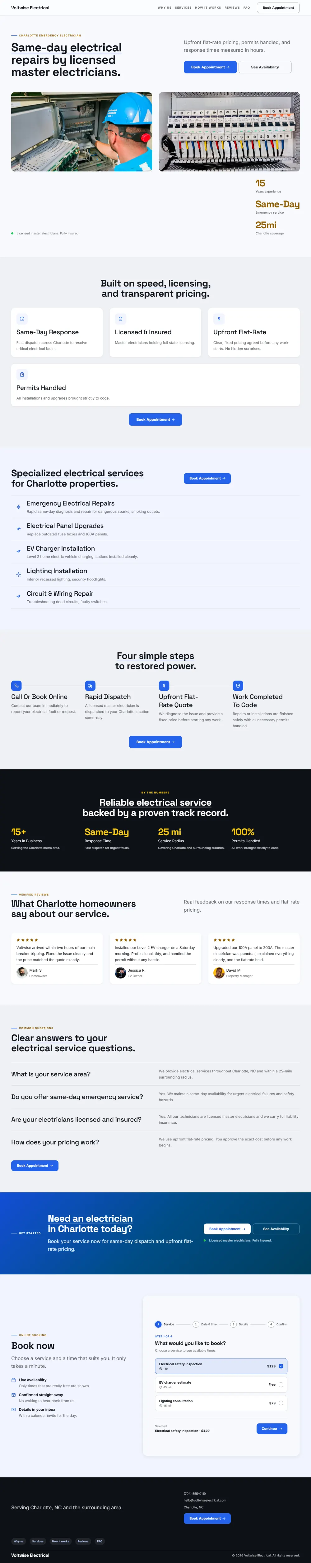 Bright electrician website template, the whole home page: light and airy, with two photos under the headline