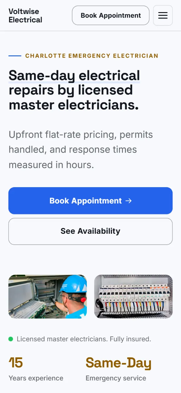 Bright electrician website template on a phone: light and airy, with two photos under the headline