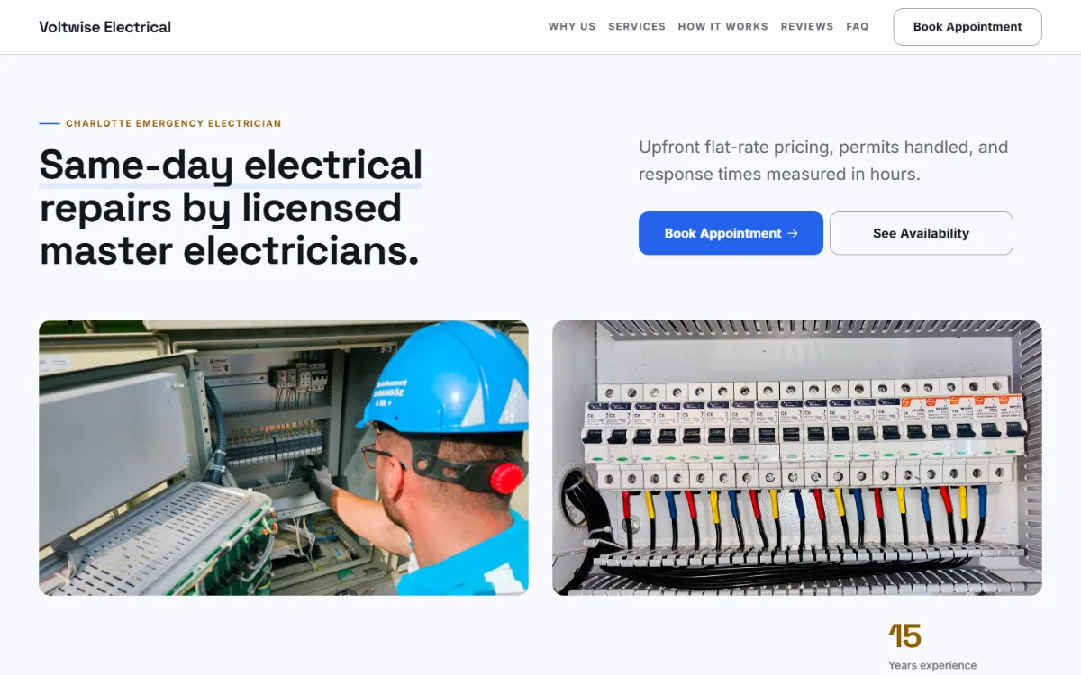 Bright electrician website template: light and airy, with two photos under the headline