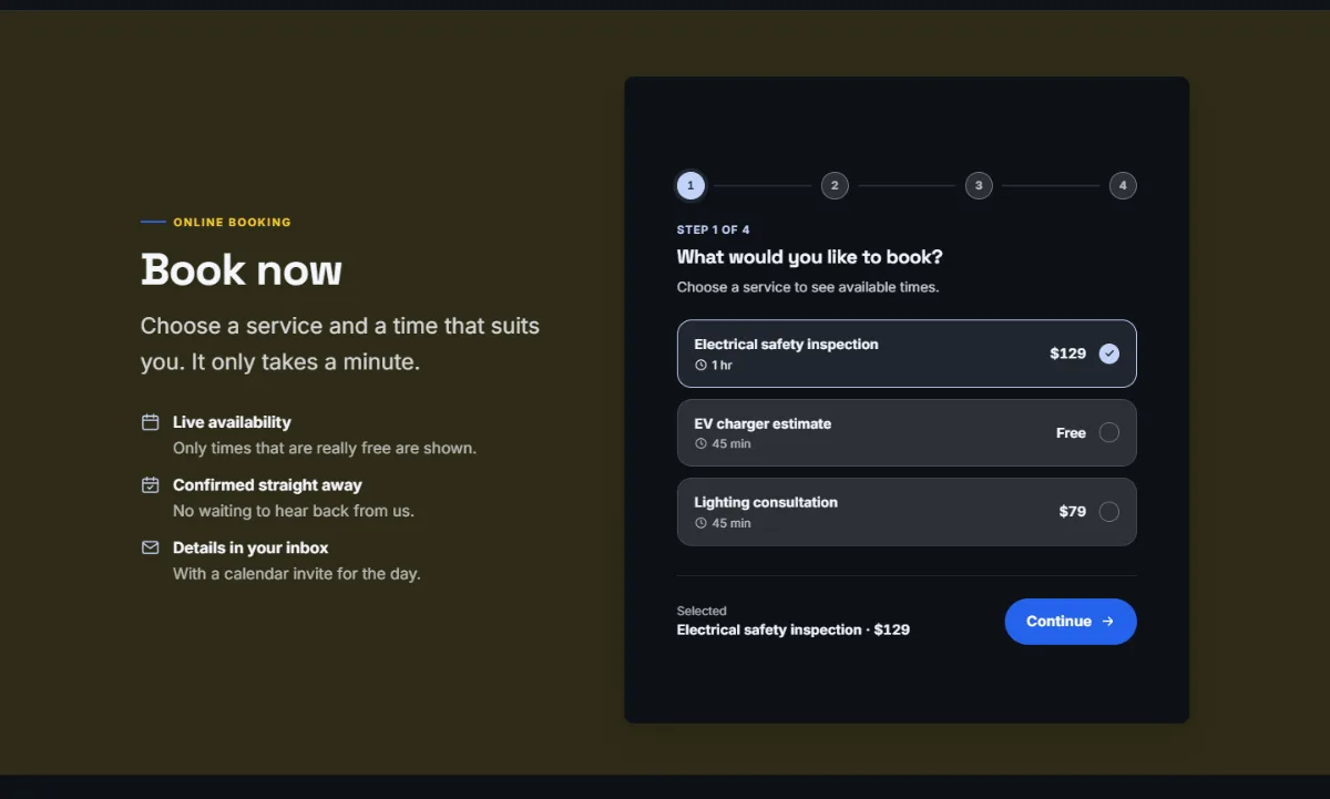 Online booking form on the Dark electrician website template: customers choose a service, then a free time