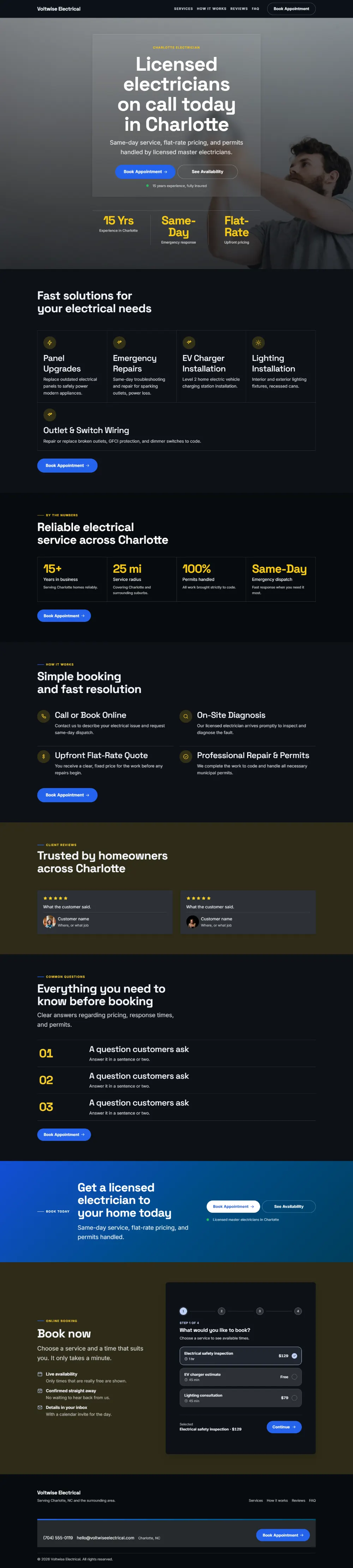 Dark electrician website template, the whole home page: dark mode throughout, with a glass card over the photo