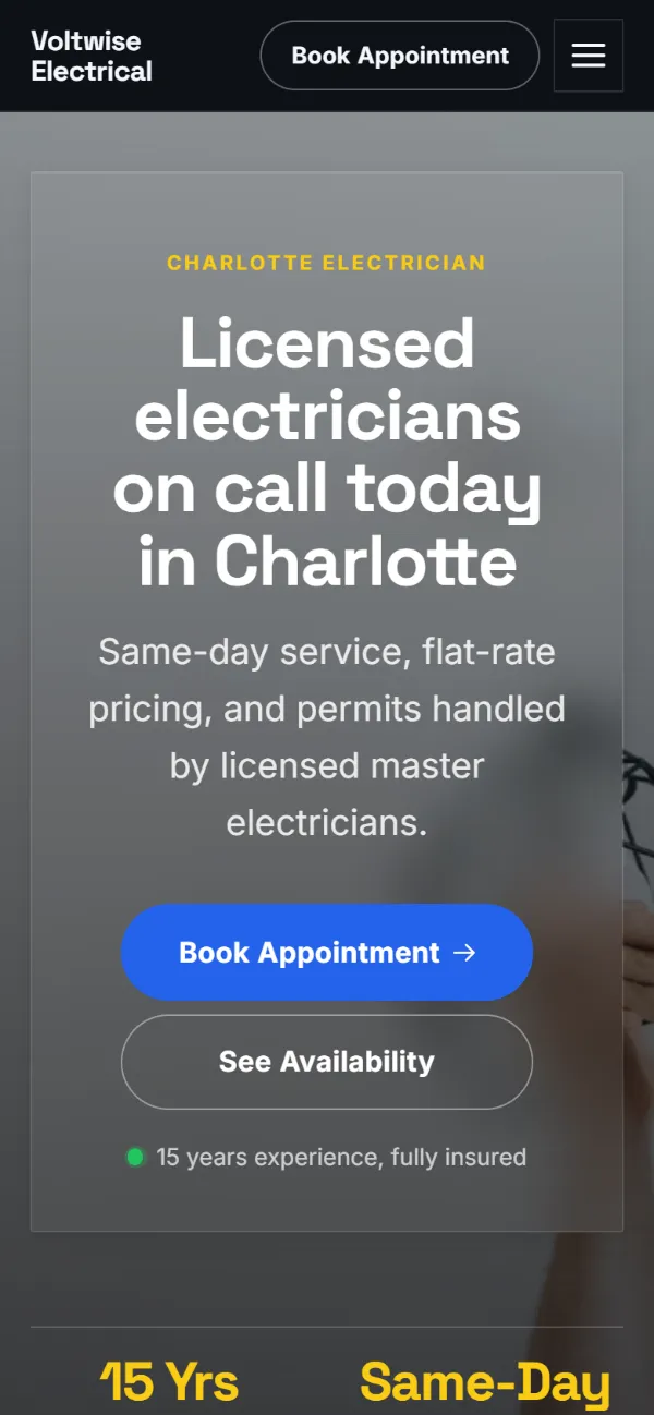 Dark electrician website template on a phone: dark mode throughout, with a glass card over the photo