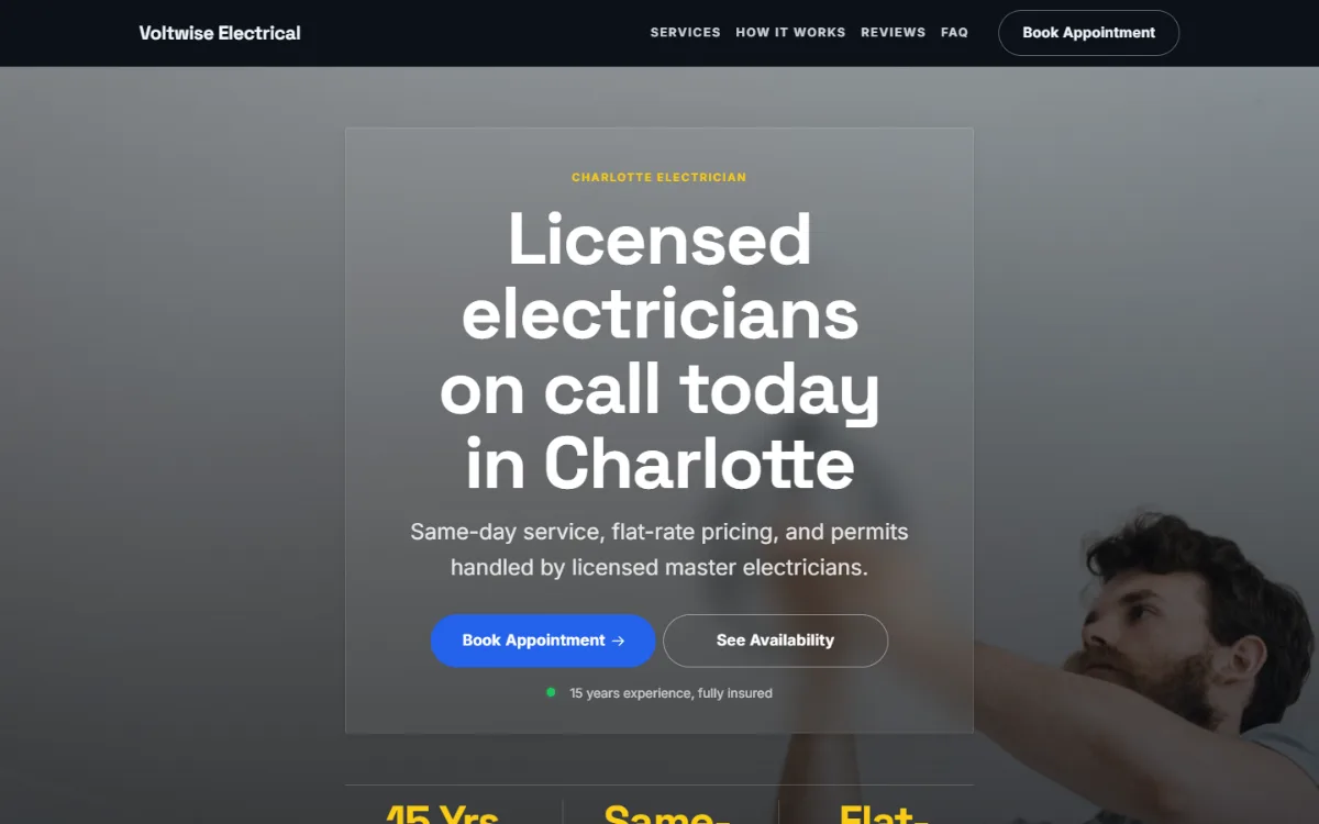 Dark electrician website template: dark mode throughout, with a glass card over the photo