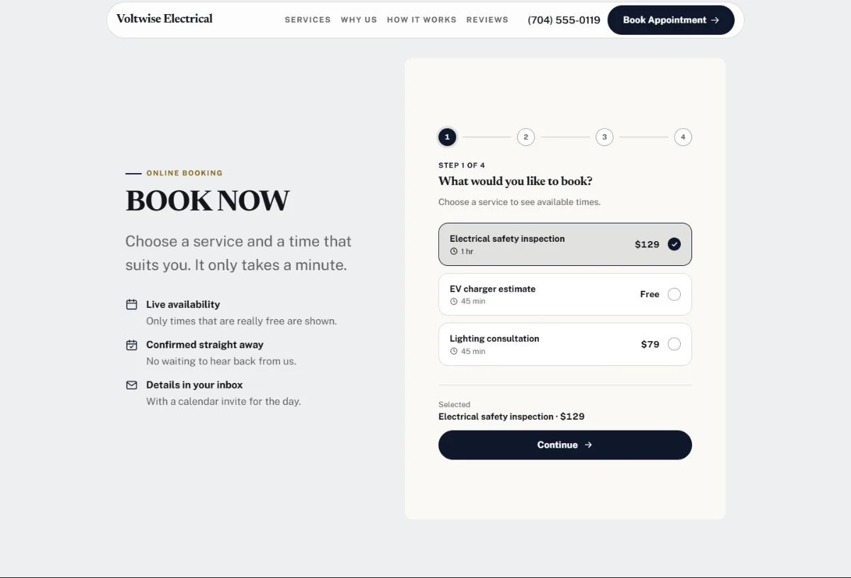 Online booking form on the Luxury electrician website template: customers choose a service, then a free time
