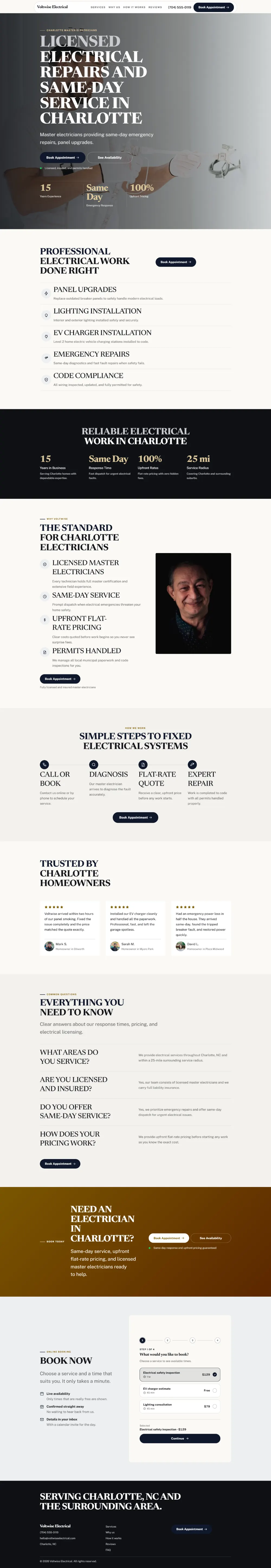 Luxury electrician website template, the whole home page: dark and understated, with a serif headline over a full-width photo