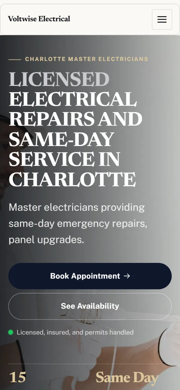 Luxury electrician website template on a phone: dark and understated, with a serif headline over a full-width photo