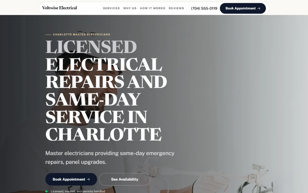 Luxury electrician website template: dark and understated, with a serif headline over a full-width photo