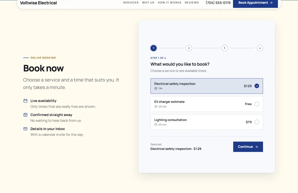 Online booking form on the Professional electrician website template: customers choose a service, then a free time