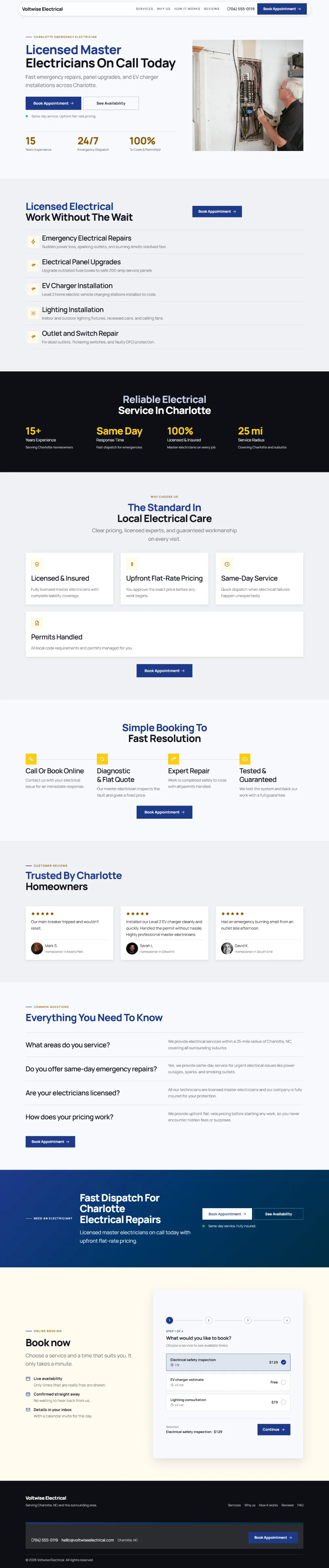 Professional electrician website template, the whole home page: clean and structured, with a photo beside the headline