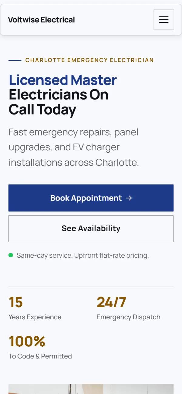 Professional electrician website template on a phone: clean and structured, with a photo beside the headline