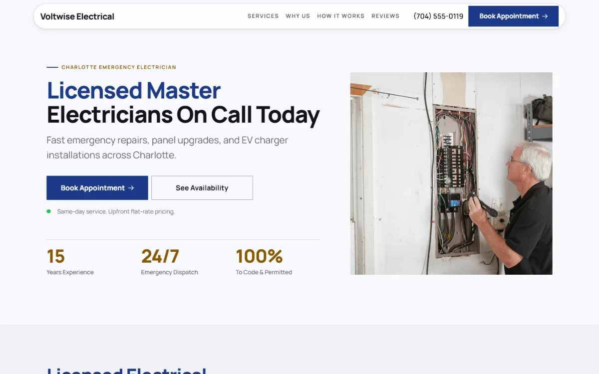 Professional electrician website template: clean and structured, with a photo beside the headline