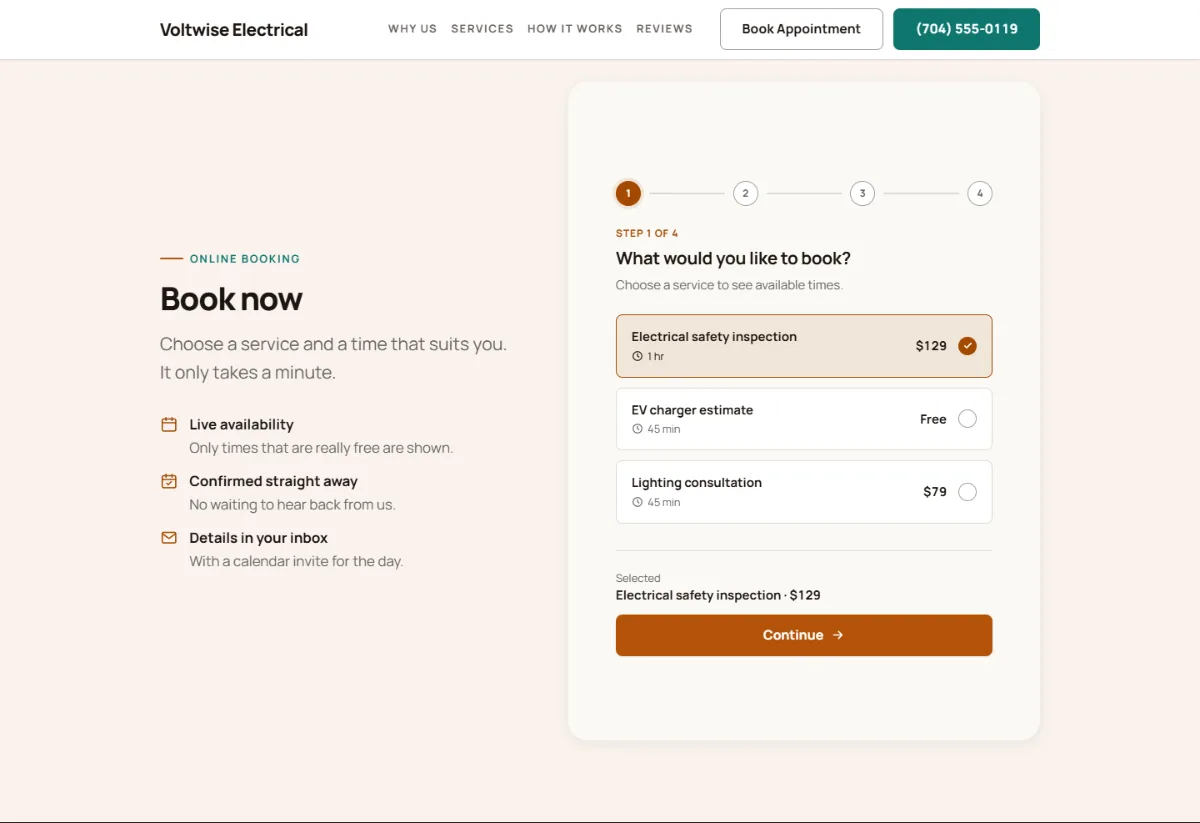 Online booking form on the Warm electrician website template: customers choose a service, then a free time
