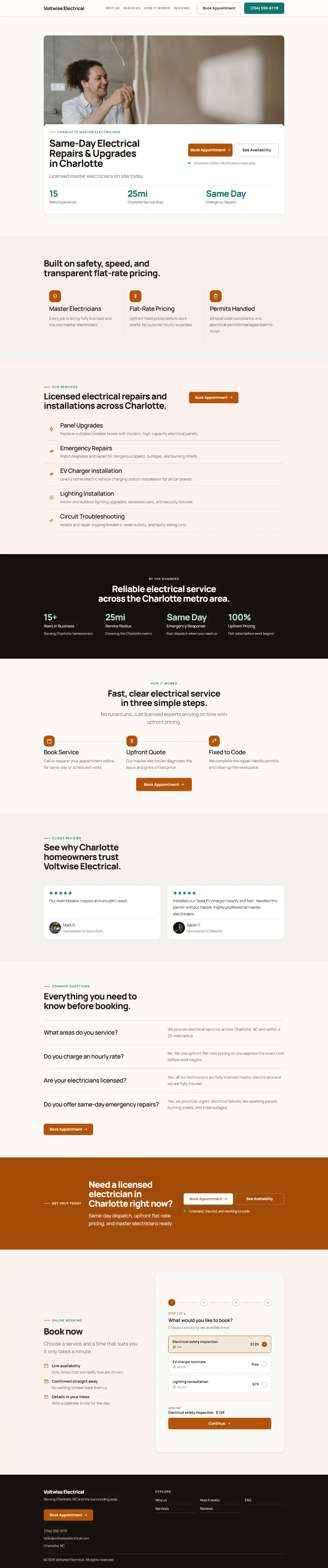 Warm electrician website template, the whole home page: soft cards and warm colours under a wide photo