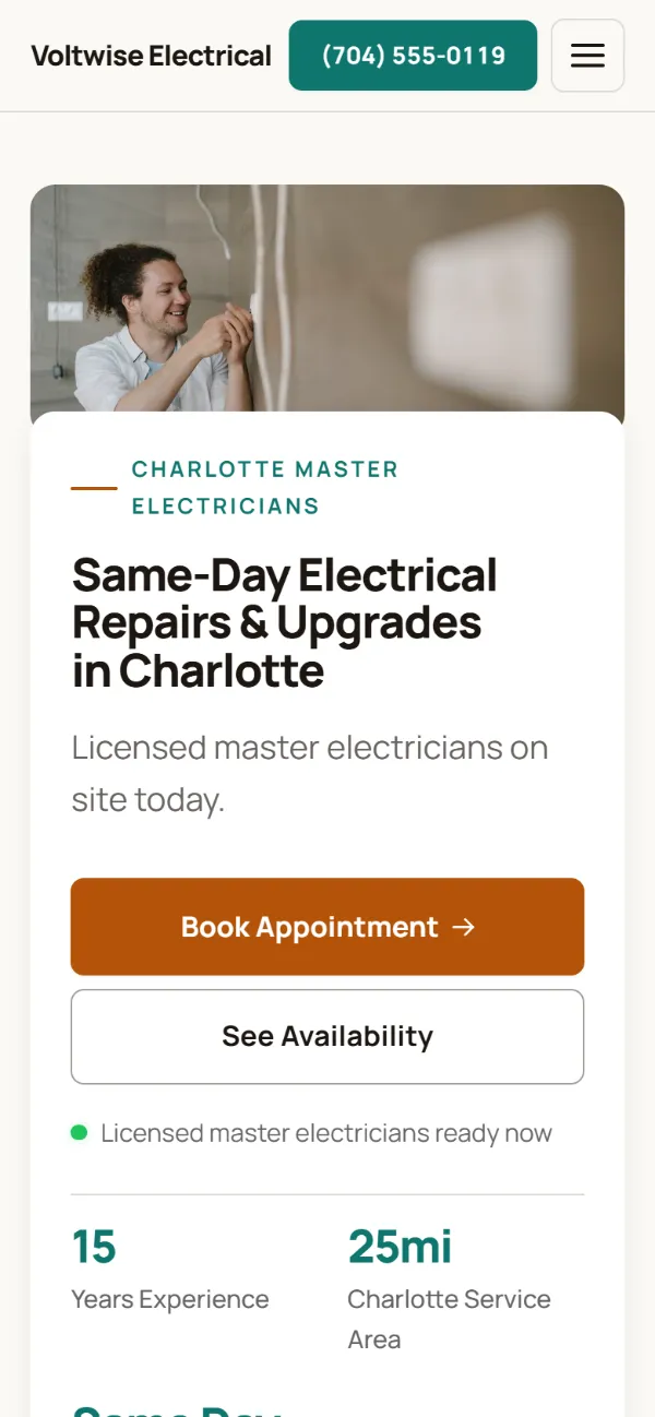 Warm electrician website template on a phone: soft cards and warm colours under a wide photo
