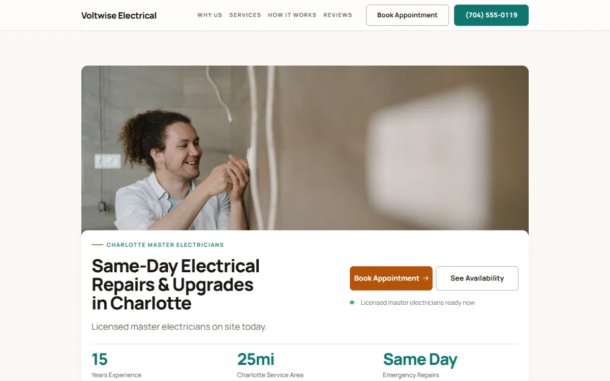 Warm electrician website template: soft cards and warm colours under a wide photo
