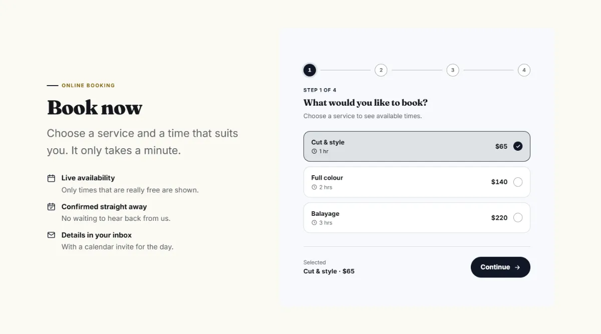 Online booking form on the Bold hair salon website template: customers choose a service, then a free time