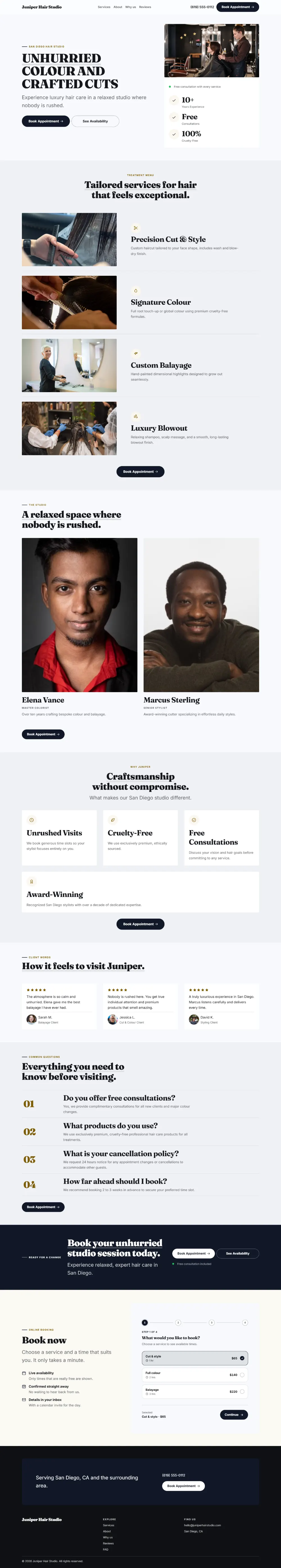 Bold hair salon website template, the whole home page: a dark first screen, big capital headlines and one loud accent colour