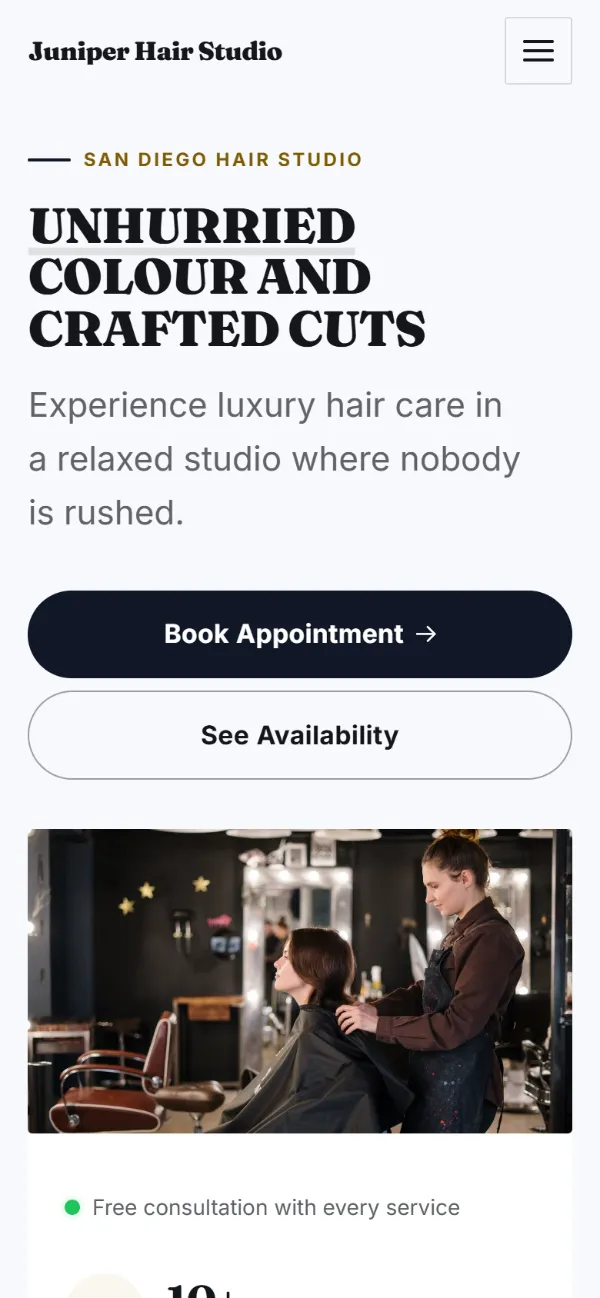 Bold hair salon website template on a phone: a dark first screen, big capital headlines and one loud accent colour